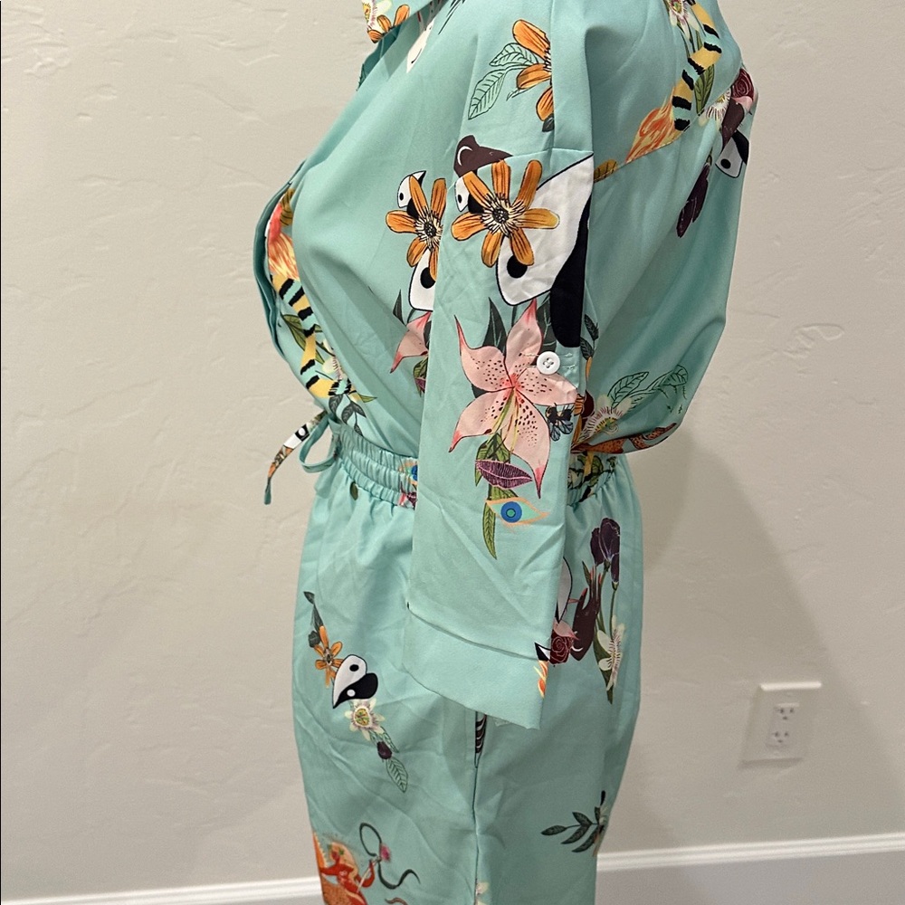 🔵 PJ Shorts Set Floral Print Teal - Picture 5 of 8